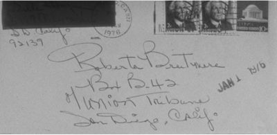 Lynn Hershman Leeson Envelope of Letter from San Diego