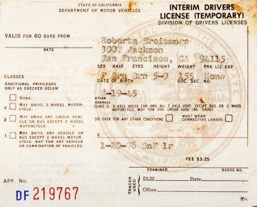 Lynn Hershman Leeson Roberta’s Driver’s License, DF219767, SnF 1r. , January 20, 1976