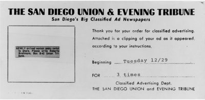 Lynn Hershman Leeson Roberta Places Want Ad in the San Diego Union & Evening Tribune