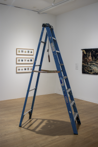 Alexander Reben Ascending Transience, 2023 Reclaimed ladder, fabric strap, hammer 96 x 53 x 24 1/2 in  243.8 x 134.6 x 62.2 cm