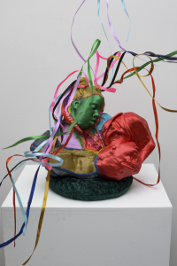 Auriea Harvey mother/child, 2022 3D printed composite (silk, PLA), epoxy clay, satin ribbons, velvet fabric 14.2 x 15.75 x 11.8 in / 36 x 40 x 30 cm